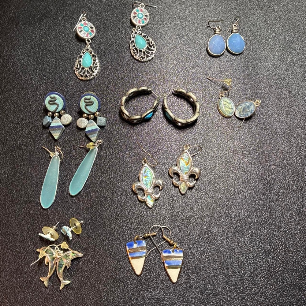 10 Pair Blue Turquoise Silver Tone Earring Bundle‎ Boho Hoop Drop Stud Set